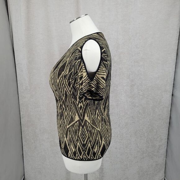 Lauren Ralph Lauren Gold and Black Knit Vneck Cold Shoulder Short Sleeve Top - Picture 4 of 9
